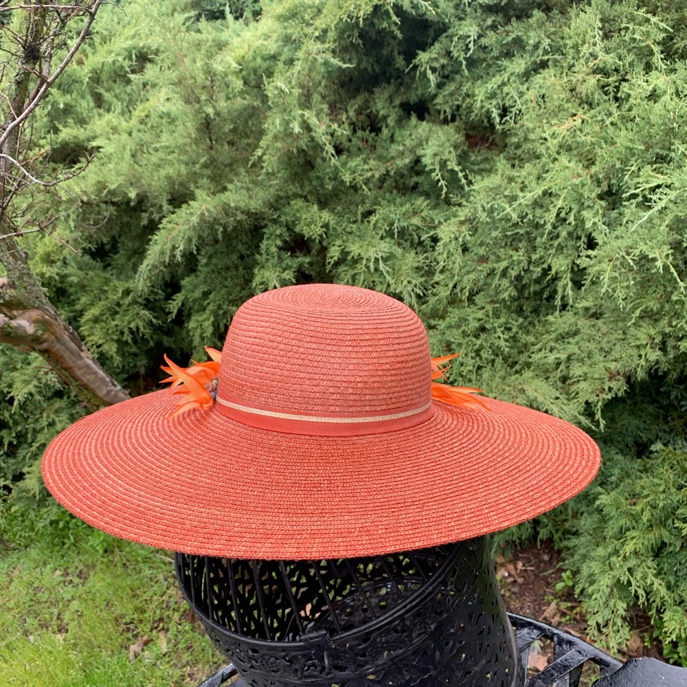 Kreativekristen upcycled Orange wide brim straw Hat with Floral Accents - Picture 5 of 12